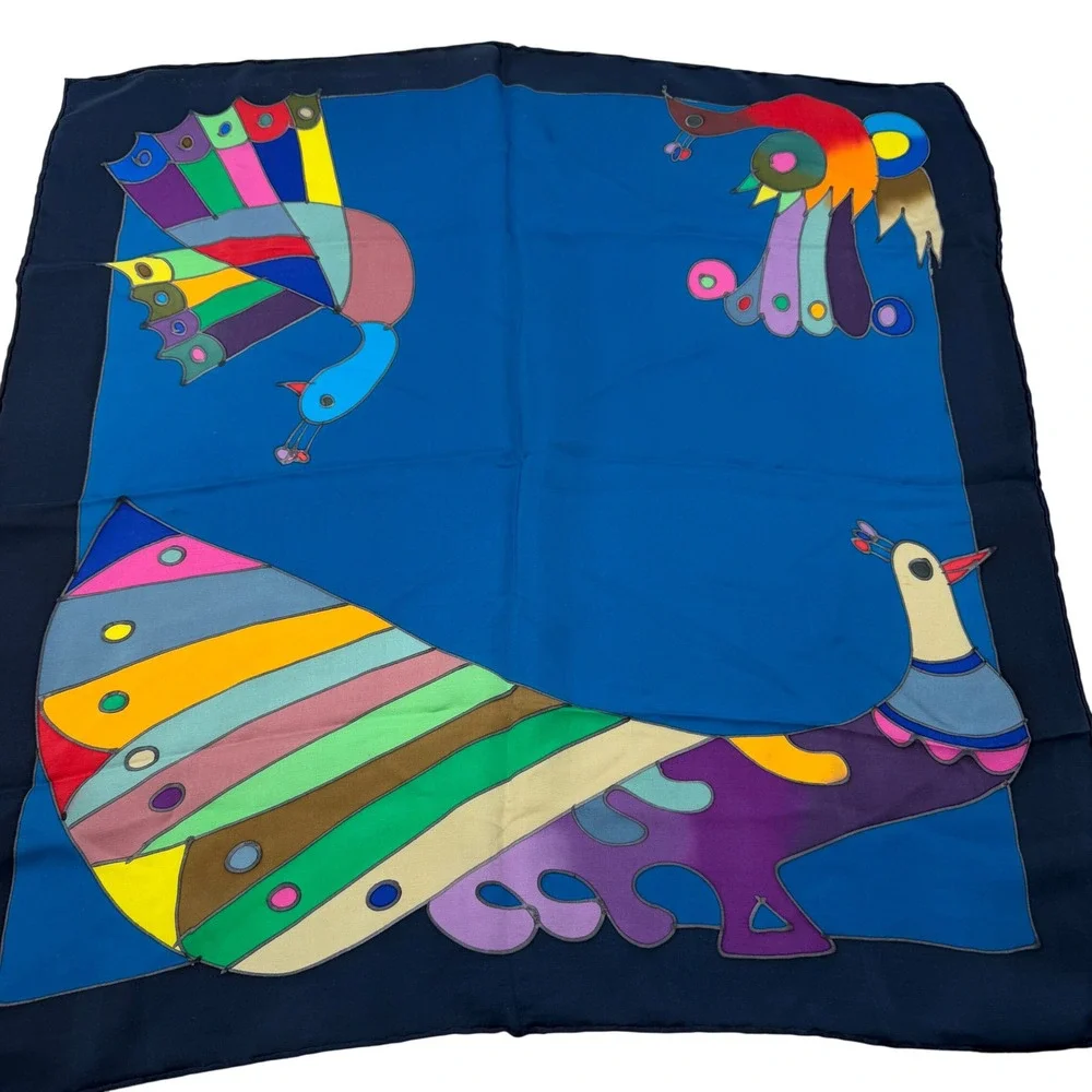 Hand‎ Painted Peacock Bird Art Scarf Silk Square Blue Multi Color Neckerchief